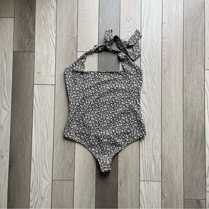 Free People Black and Cream Floral Bodysuit